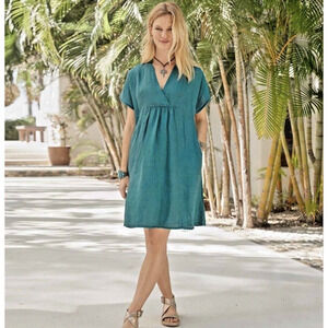NWT Sundance 100% Linen Dress Teal Turquoise XS Dawn To Dusk Popover Pockets